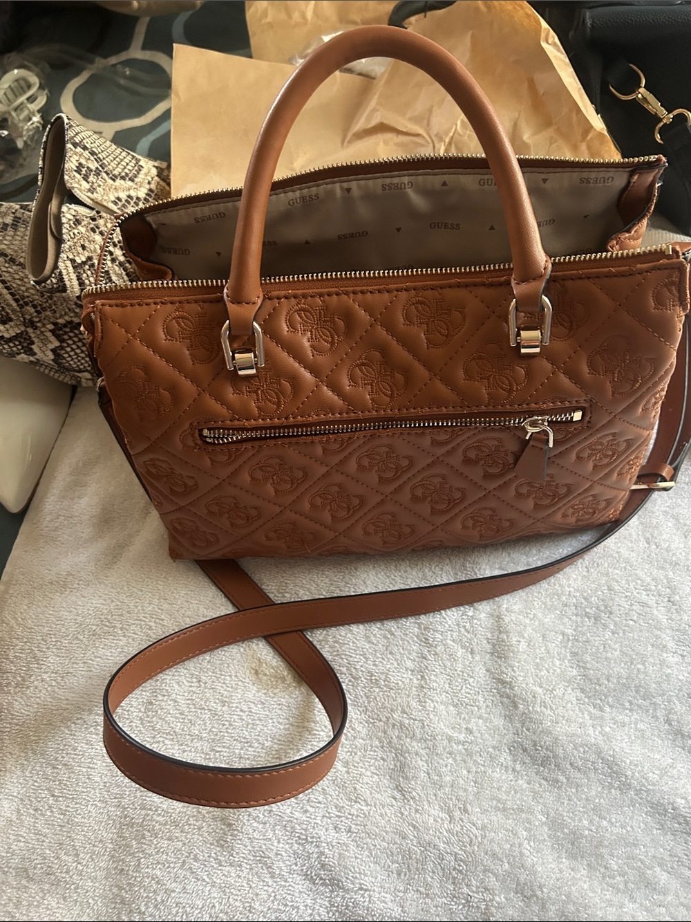 GUESS Quilted Satchel in Cognac Brown. Like new medium size. - Picture 2 of 5